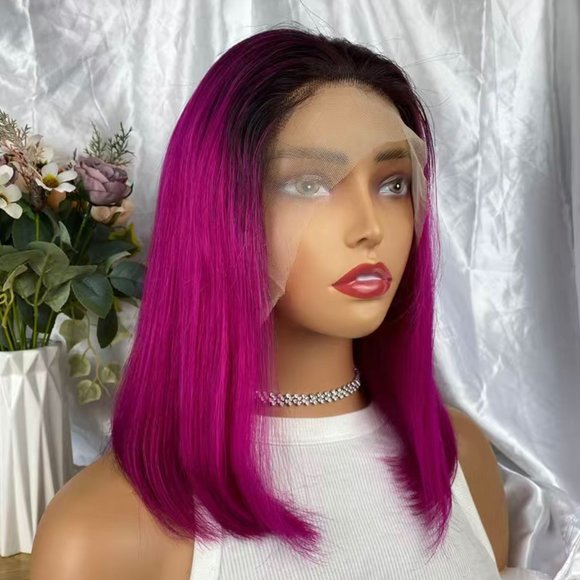 Ombré 13x4 Lace Frontal Remy Human Hair Bob Wig in Pink - Picture 6 of 6